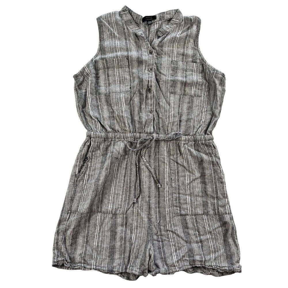 Kelly‎ Renee Romper Womens Large Linen Rayon Gray Striped Drawstring Sleeveless